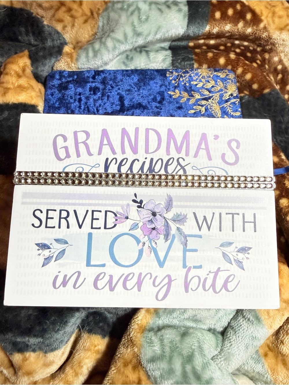 Grandma's Recipes Journal WOODEN DECORATED BOX- Blue Purple 'Served With Love'